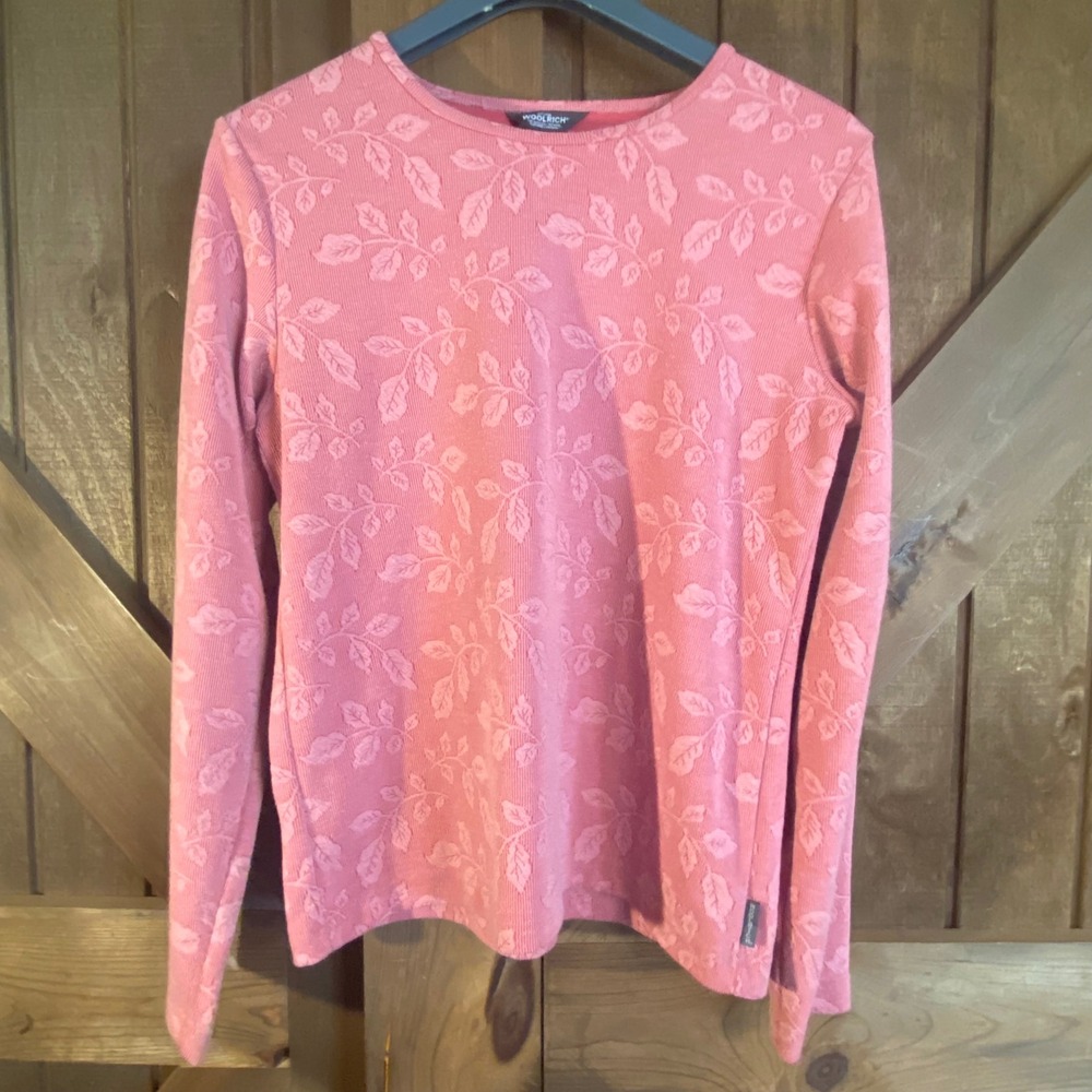 Woolrich Knit Top Womens Large Rosebud‎ Pink Excellent Leaf Jacquard Long Sleeve
